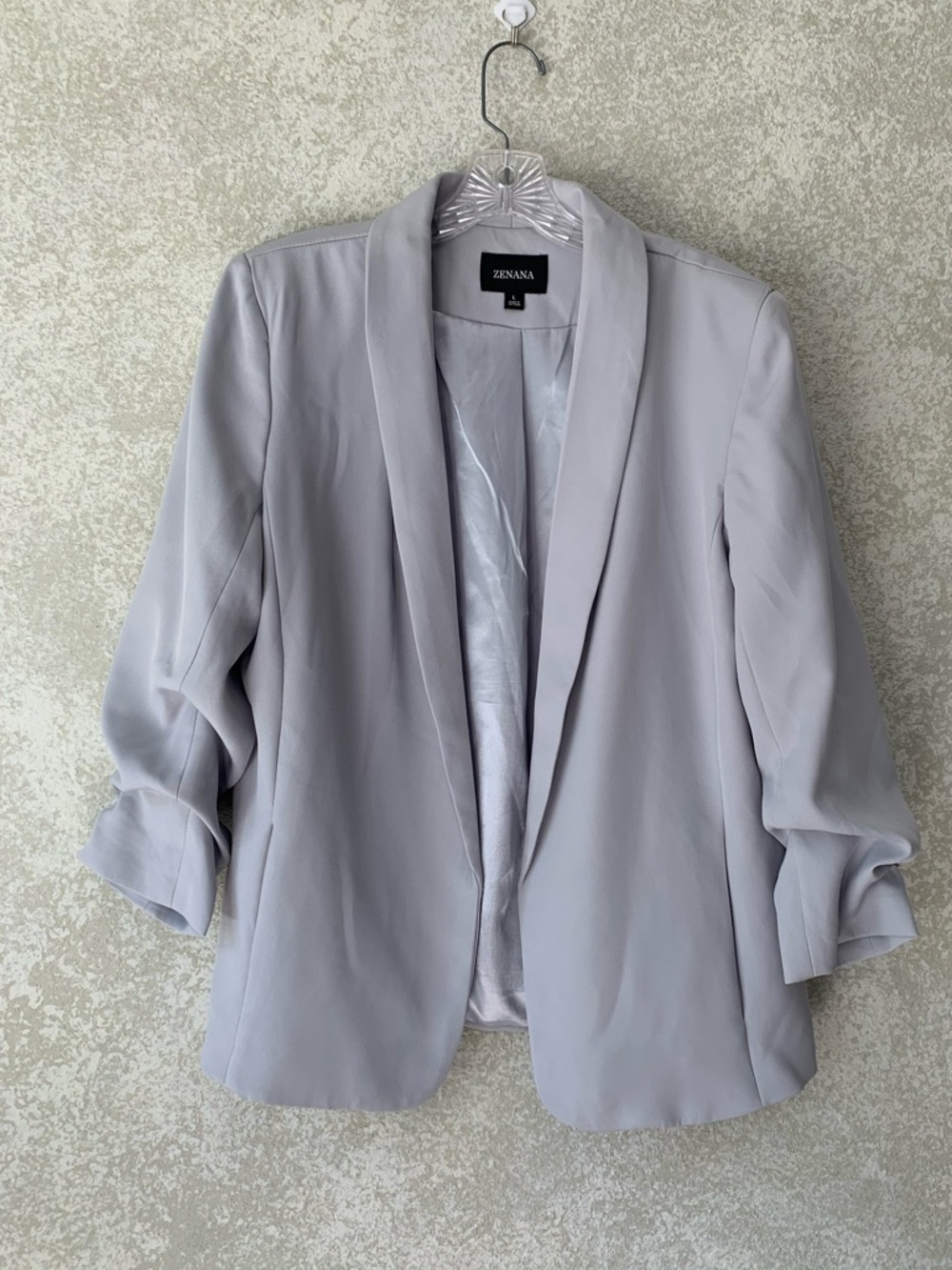 Zenana Outfitters Light Gray Open-Front Shawl Collar Ruched Sleeves Blazer Lrg